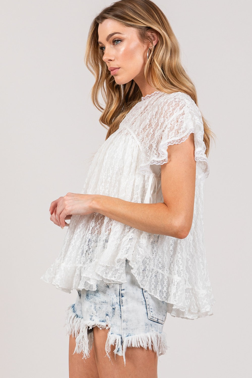 Round Neck Short Sleeve Lace Blouse