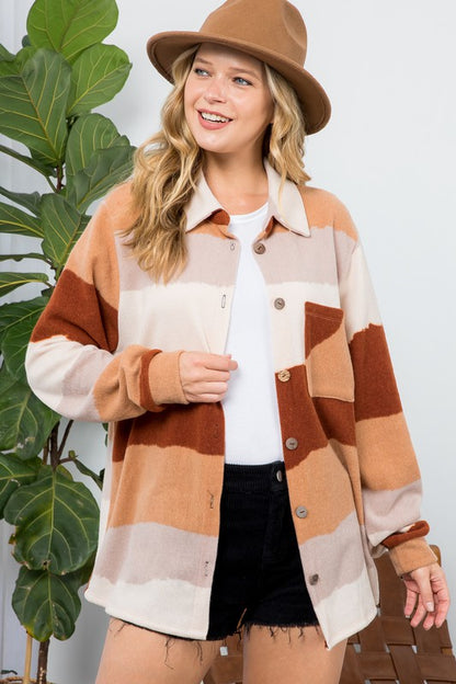 FUZZY STRIPE BUTTON DOWN SHACKET