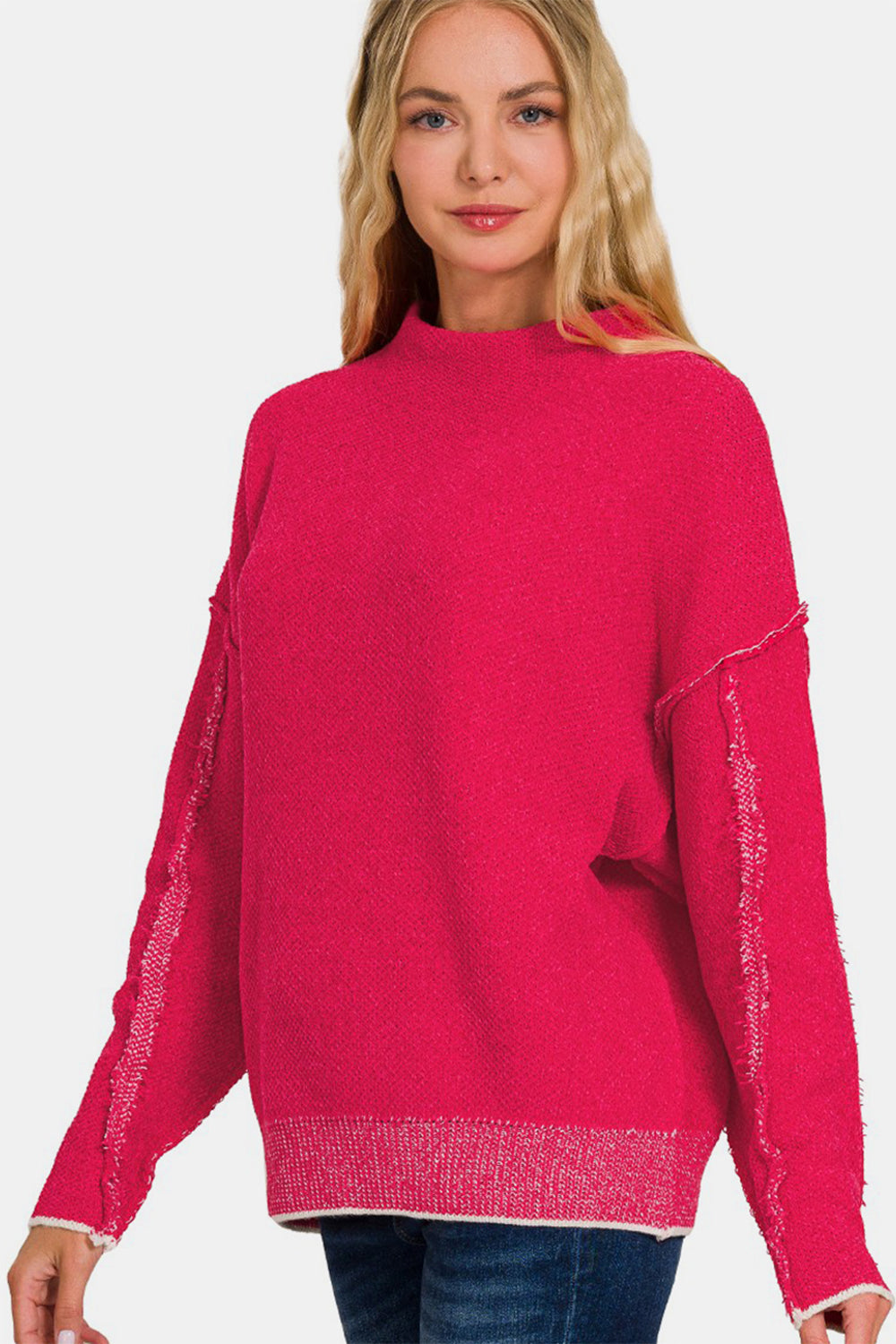 Exposed Seam Mock Neck Long Sleeve Sweater