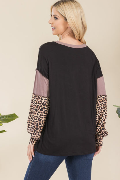 Leopard Color Block Exposed Seam T-Shirt