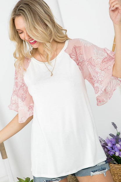 FLORAL CHIFFON MIXED BELL SLEEVE TOP