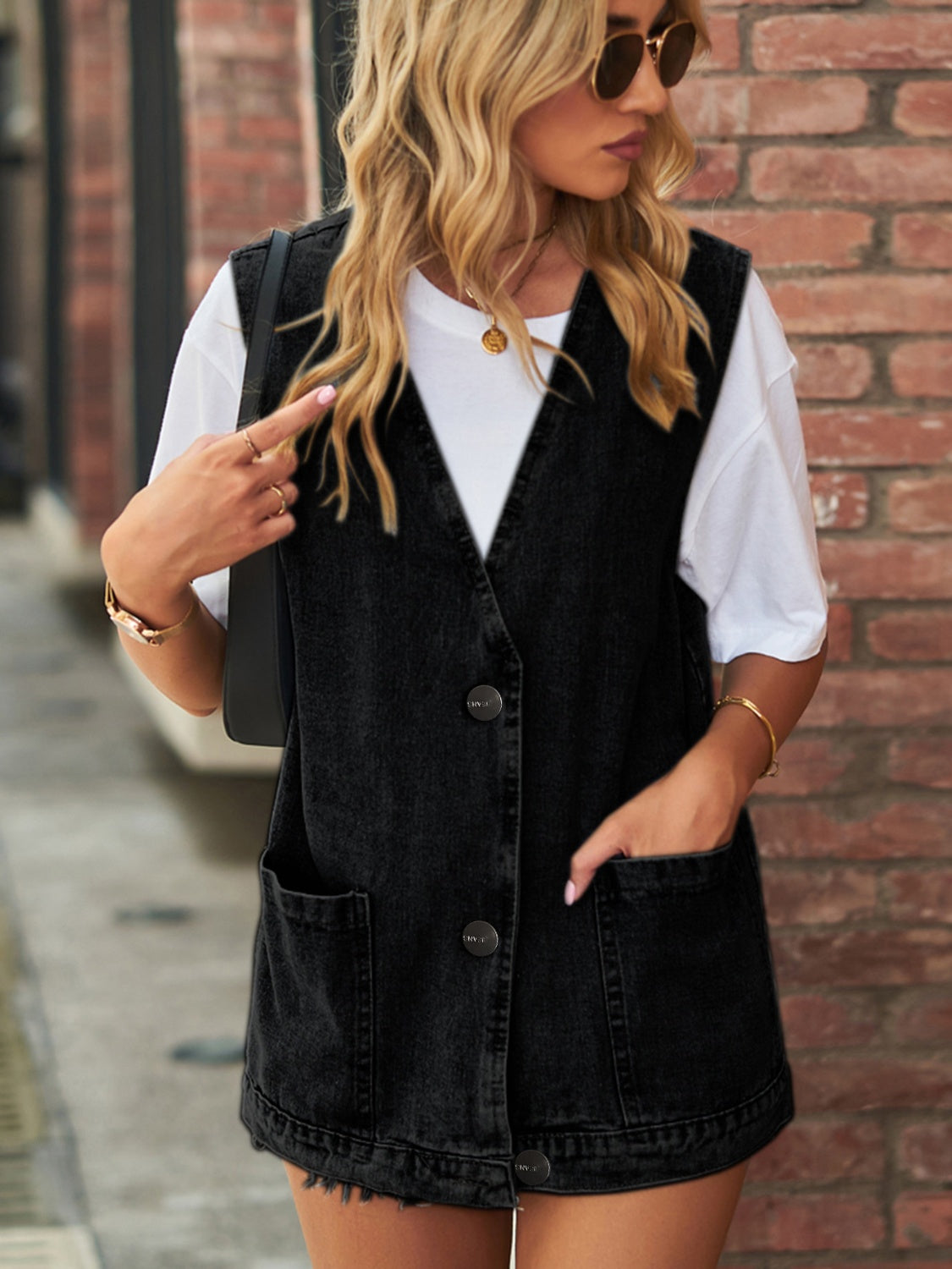 V-Neck Button Up Denim Vest