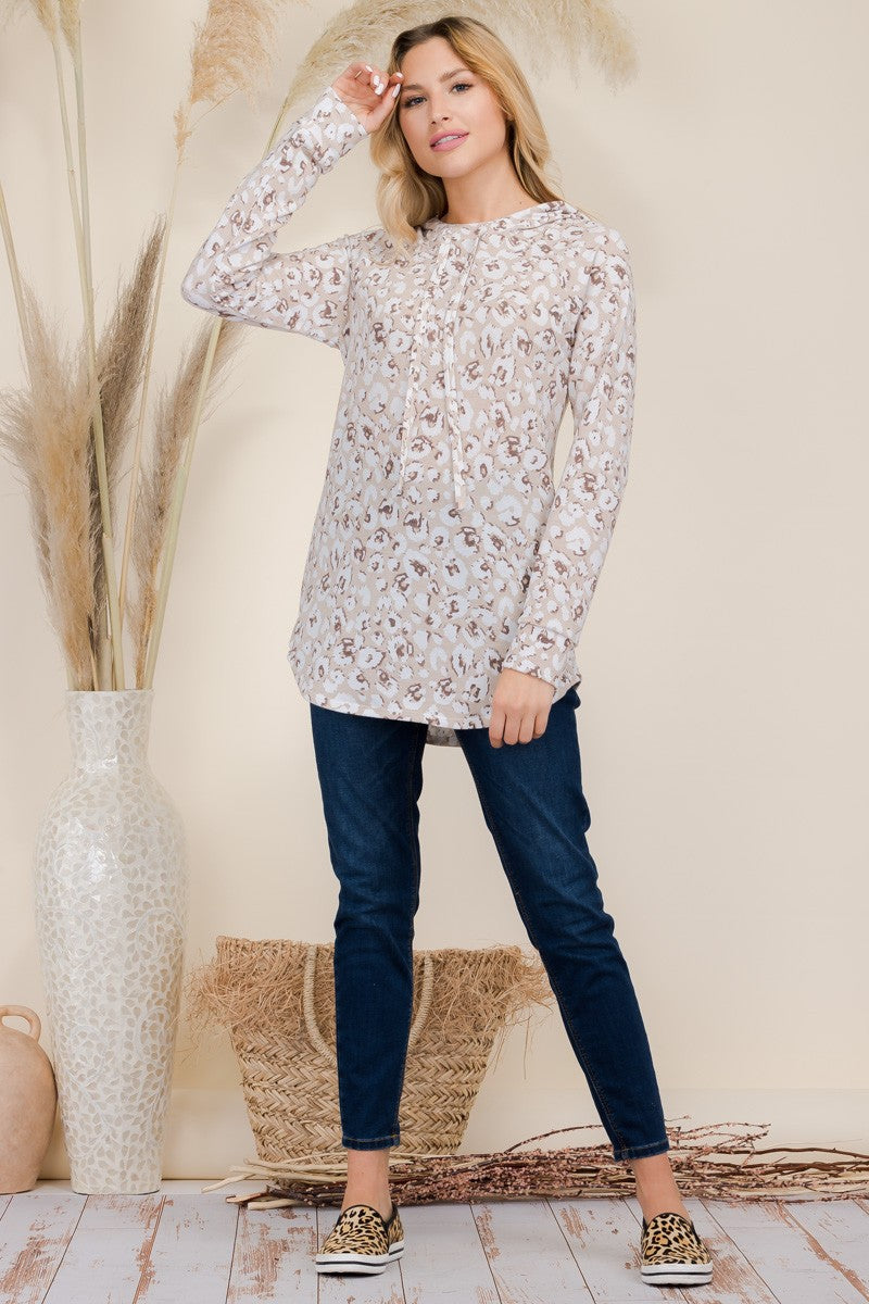 Drawstring Leopard Long Sleeve Hooded Blouse