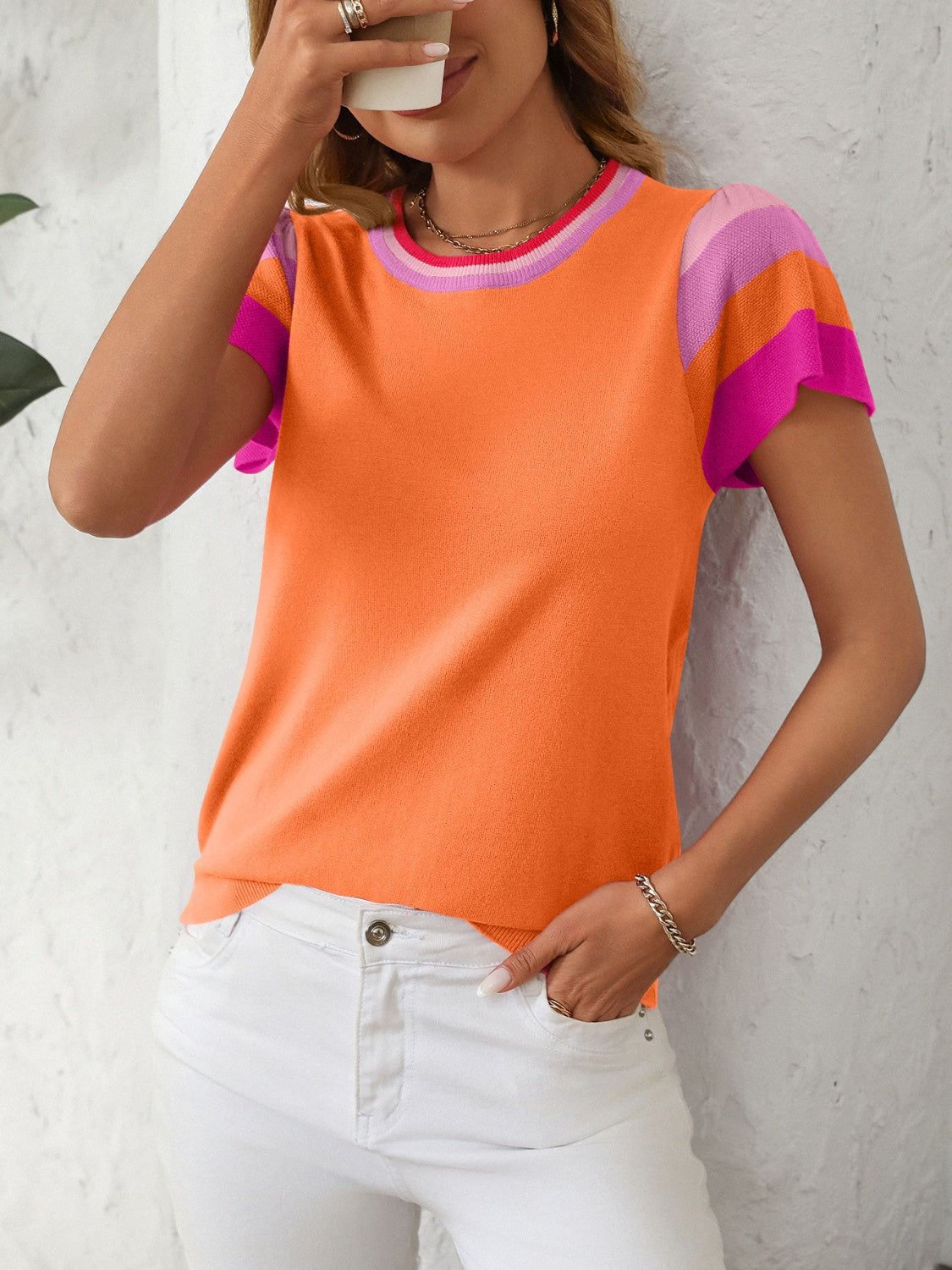 Contrast Round Neck Short Sleeve Knit Top