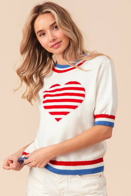 US Flag Theme Striped Heart Sweater