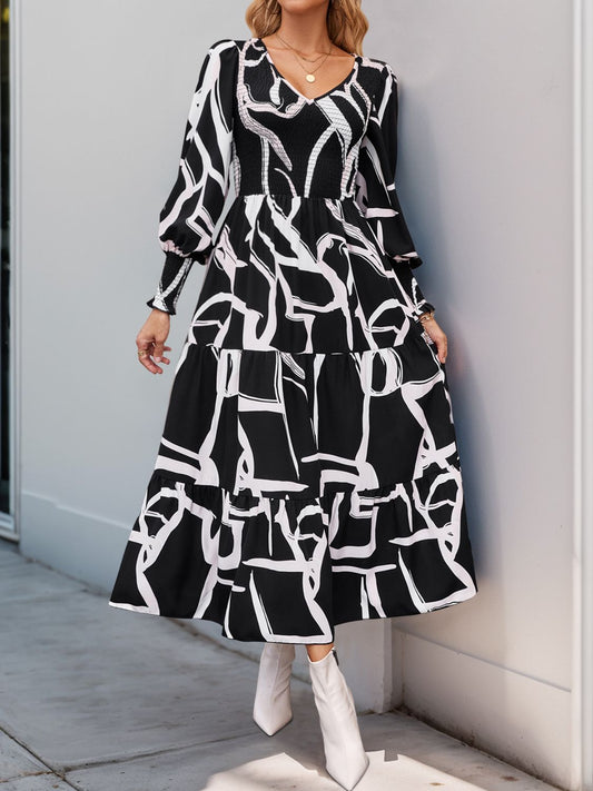 Smocked Printed Long Sleeve Midi Dress