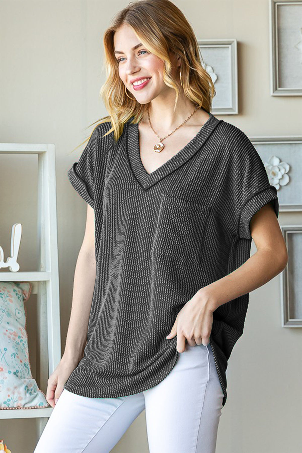 Front Pocket Short Sleeve Ribbed Top