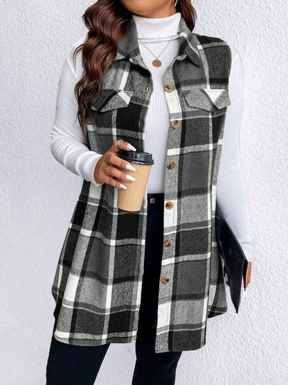 Plus Size Pocketed Plaid Button Up Vest Coat