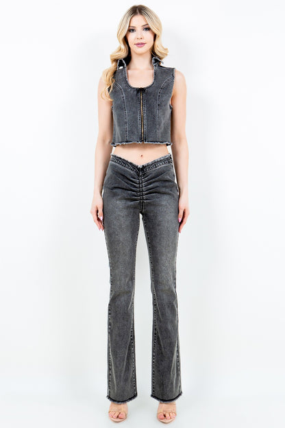 Zip Up Washed Crop Denim Vest