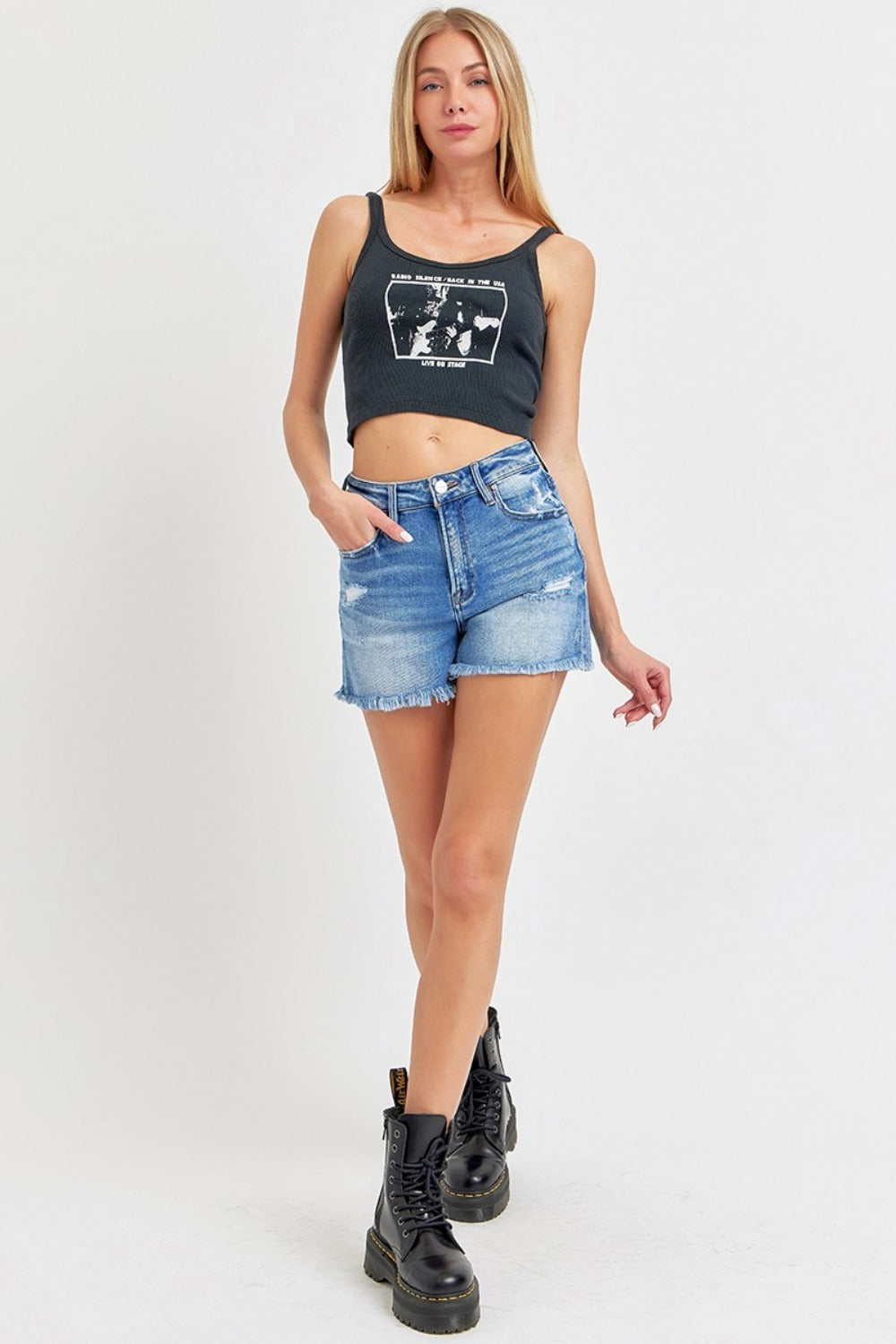 RISEN High Rise Distressed Raw Hem Denim Shorts