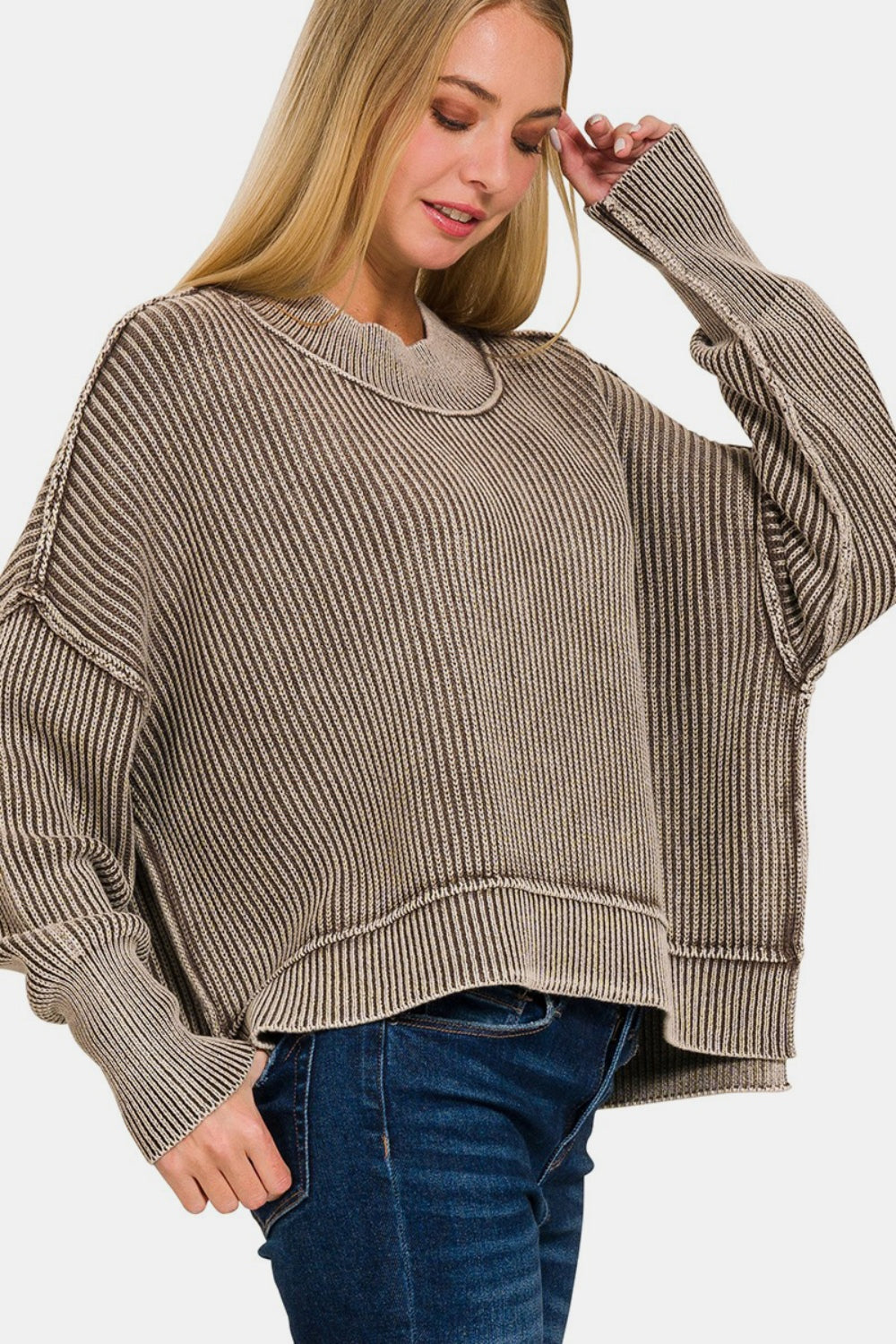 Exposed Seam Round Neck Dropped Shoulder Sweater