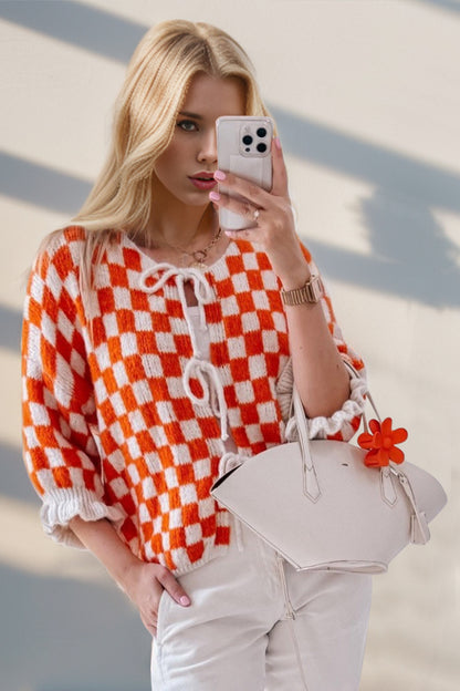 Tied Checkered Dropped Shoulder Flounce Sleeve Cardigan