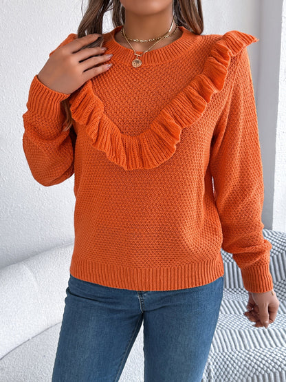 Ruffled Round Neck Long Sleeve Sweater