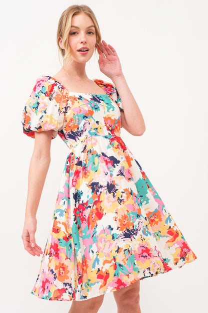 Square Neck Puff Sleeve Floral Dress