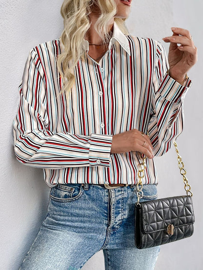 Contrast Striped Collared Neck Long Sleeve Shirt