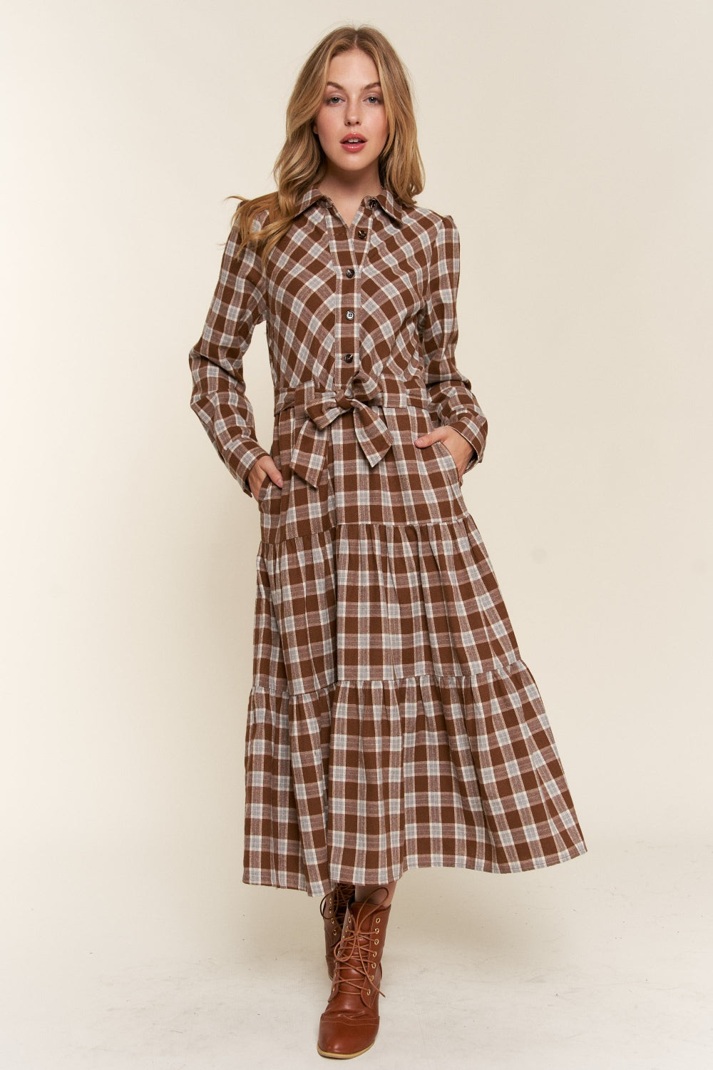 Plaid Tiered Midi Shirt Dress