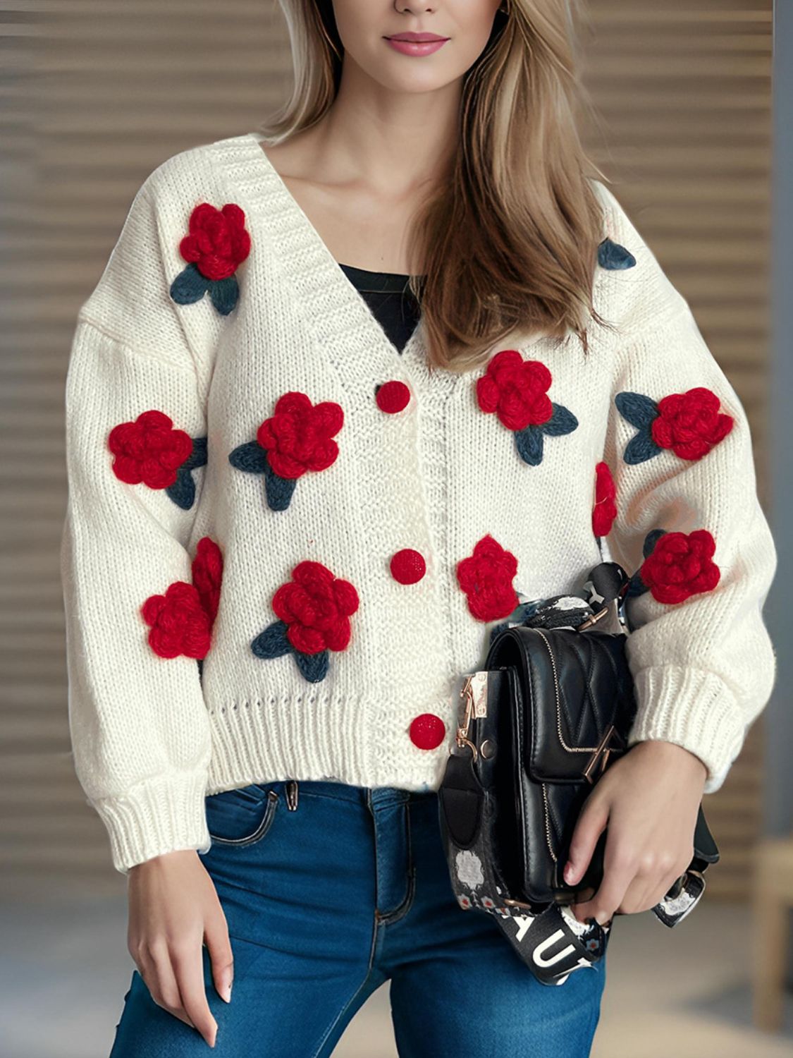 Flower Button Down V-Neck Long Sleeve Cardigan