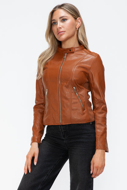 Faux Leather Zip Up Drawstring Hooded Jacket