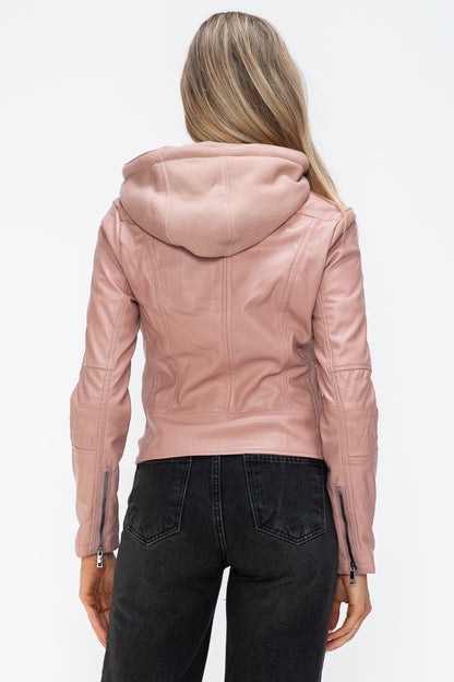 Faux Leather Zip Up Drawstring Hooded Jacket