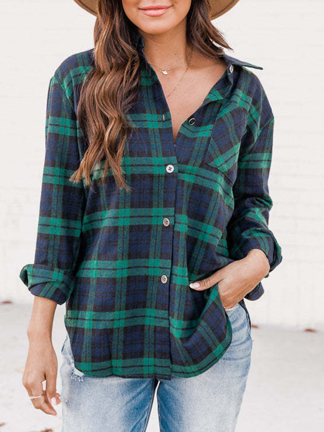 Plaid Collared Neck Long Sleeve Shirt