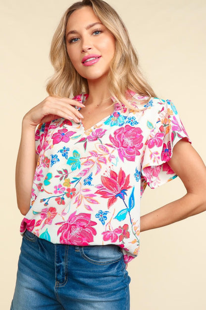 Notch Neck Sequin Floral Blouse