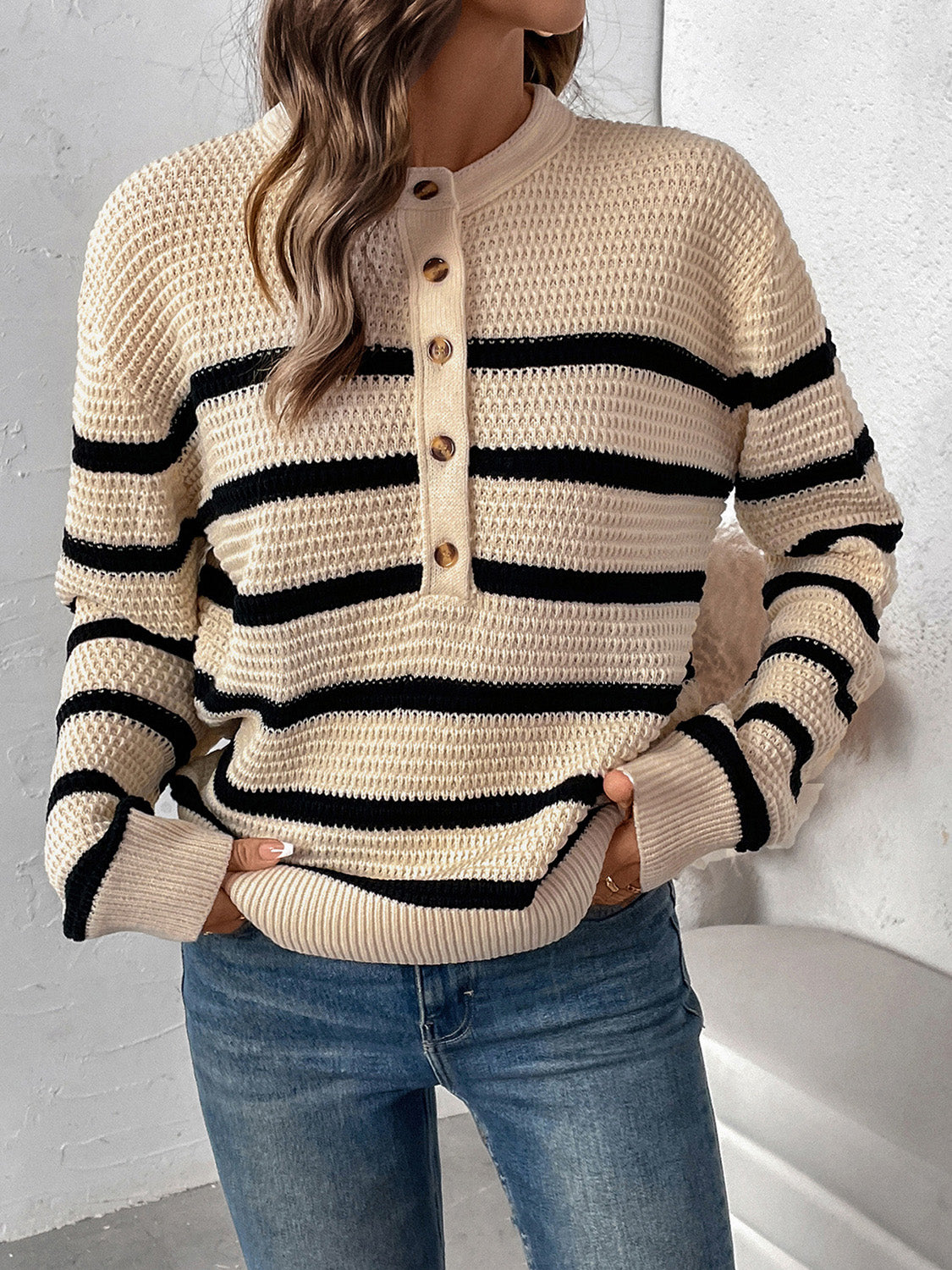 Striped Half Button Long Sleeve Sweater