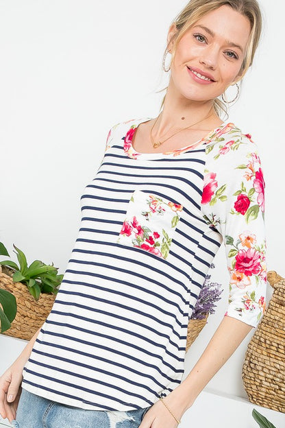 FLORAL STRIPE MIXED BASEBALL TOP