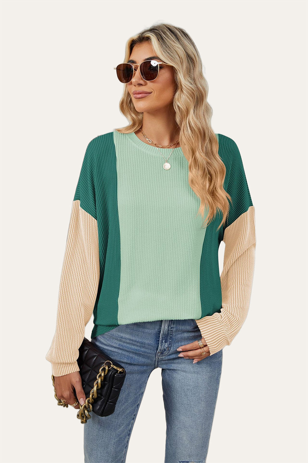 Texture Contrast Round Neck Long Sleeve T-Shirt