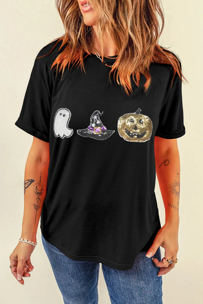 Sequin Round Neck Short Sleeve T-Shirt