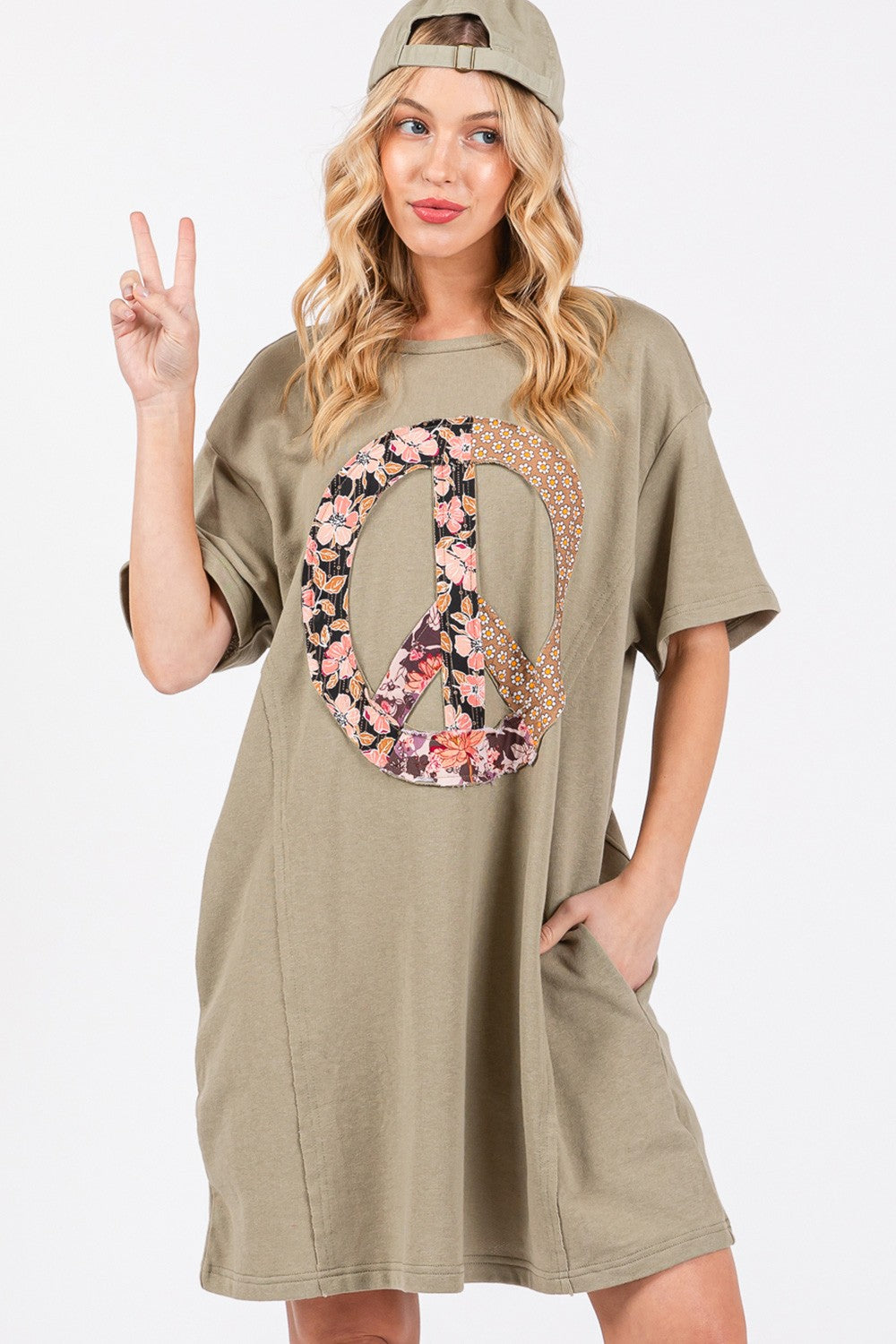 Peace Sign Applique Short Sleeve Tee Dress