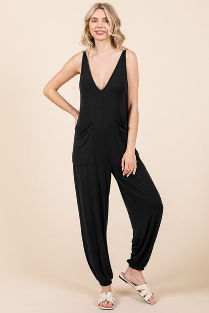 Plunge Sleeveless Jumpsuit with Pockets