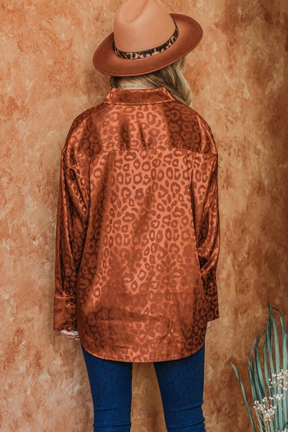 Satin Leopard Button Up Curved Hem Shirt