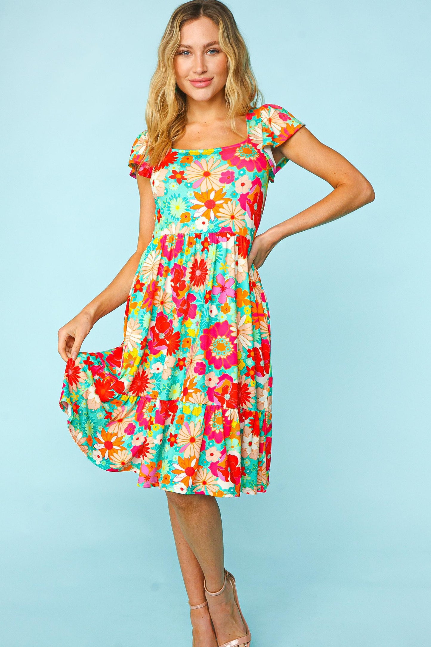 Floral Square Neck Short Sleeve Dress