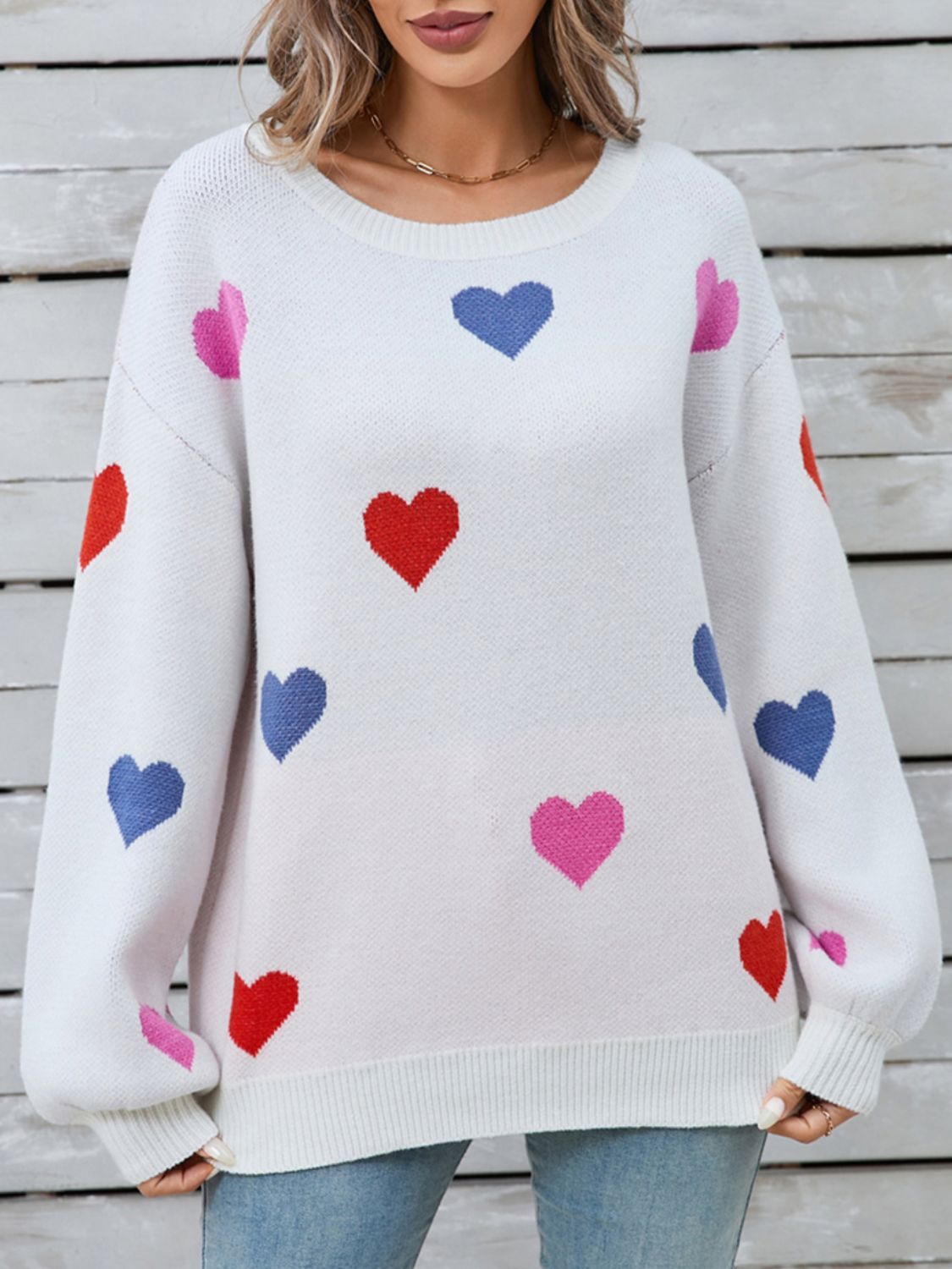 Heart Round Neck Long Sleeve Sweater