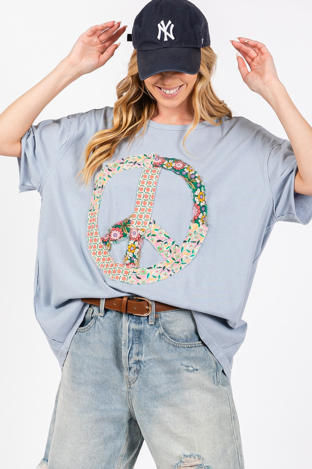 Peace Sign Round Neck Half Sleeve T-Shirt