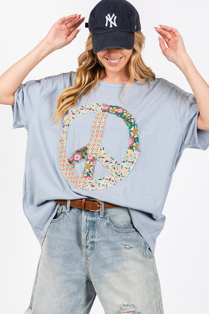 Peace Sign Round Neck Half Sleeve T-Shirt