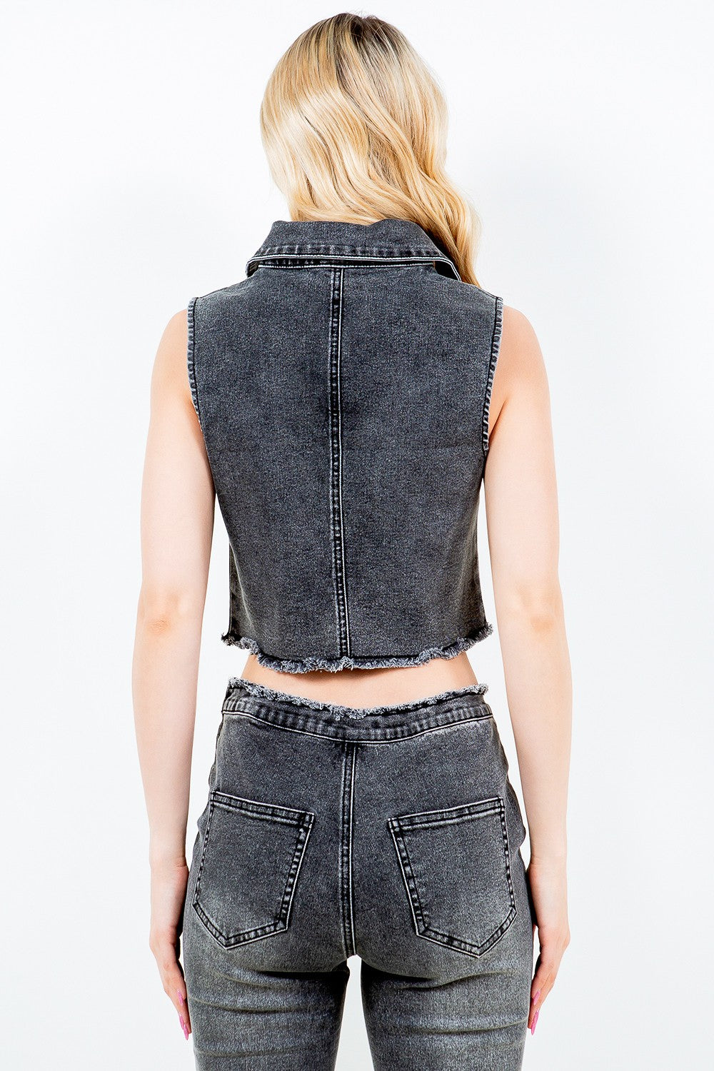 Zip Up Washed Crop Denim Vest