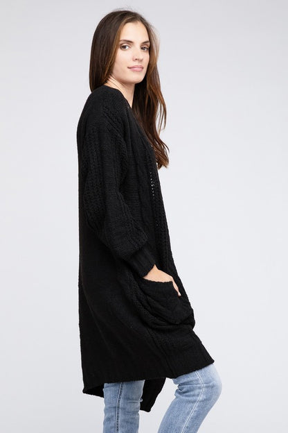 Twist Knitted Open Front Cardigan With Pockets