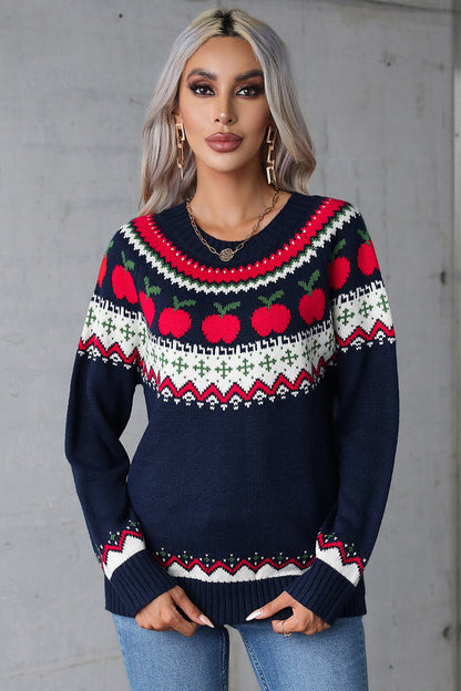 Graphic Round Neck Long Sleeve Sweater