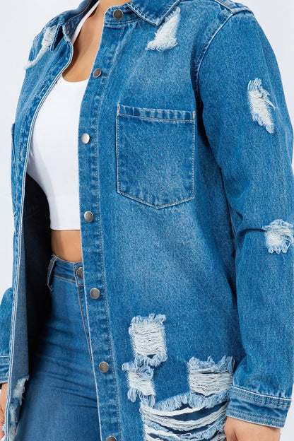 Distressed Button Up Long Sleeve Denim Jacket