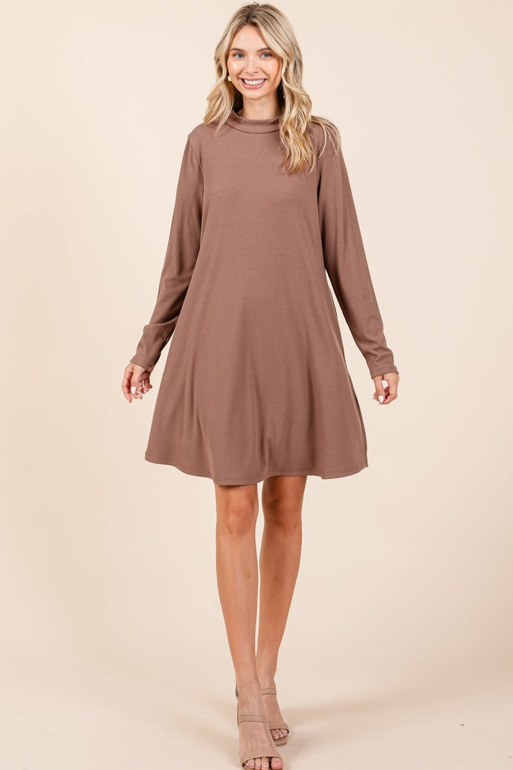 Mock Neck Long Sleeve Dress with Pockets