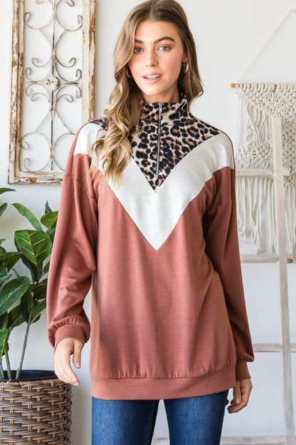 Leopard Quarter Zip Mock Neck Sweatshirt