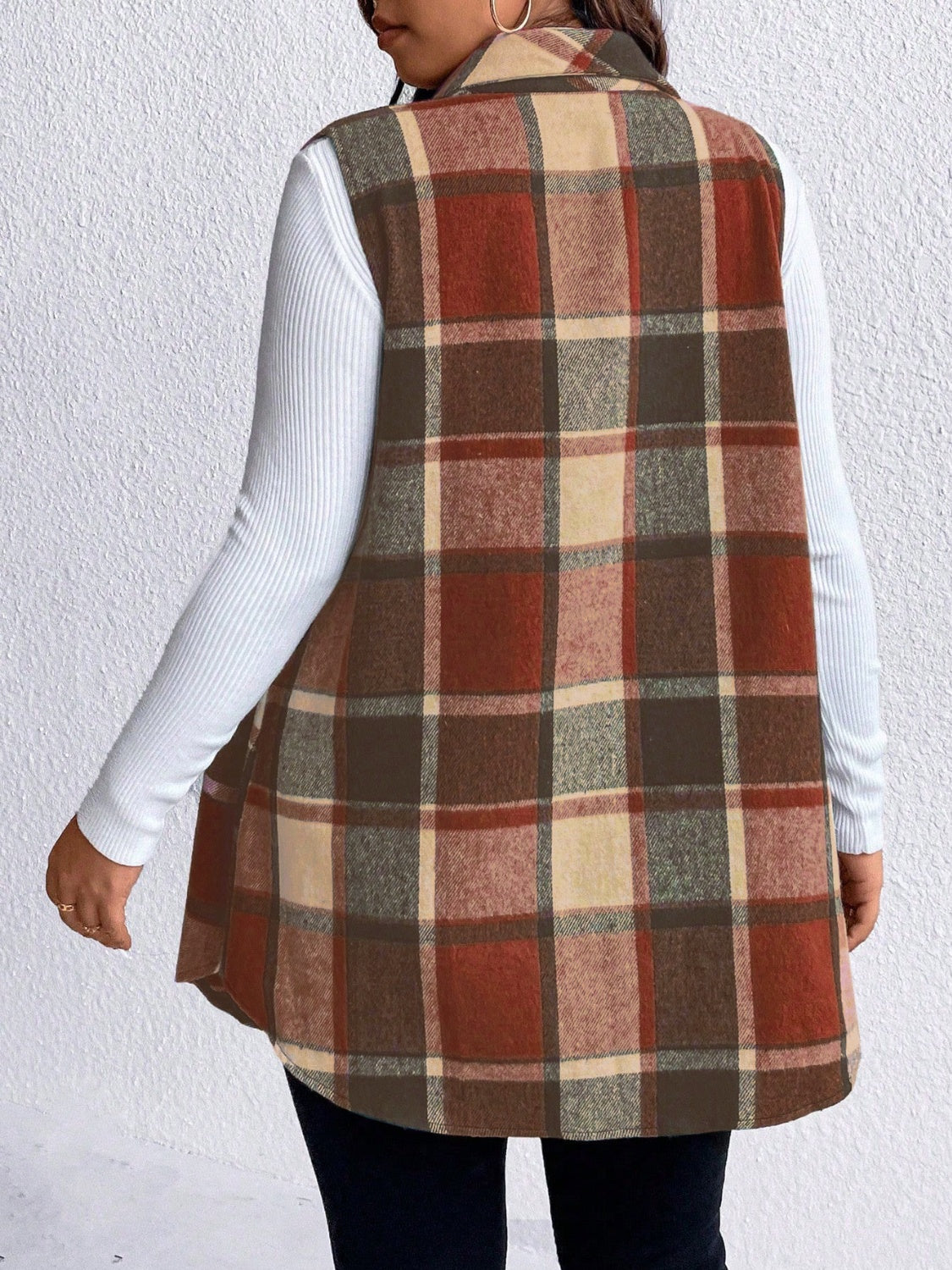 Plus Size Pocketed Plaid Button Up Vest Coat