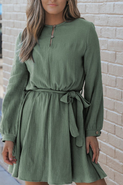 Round Neck Long Sleeve Tie Waist Dress