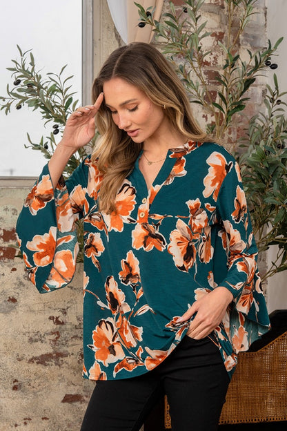 Wrinkle Free Floral Flounce Sleeve Top