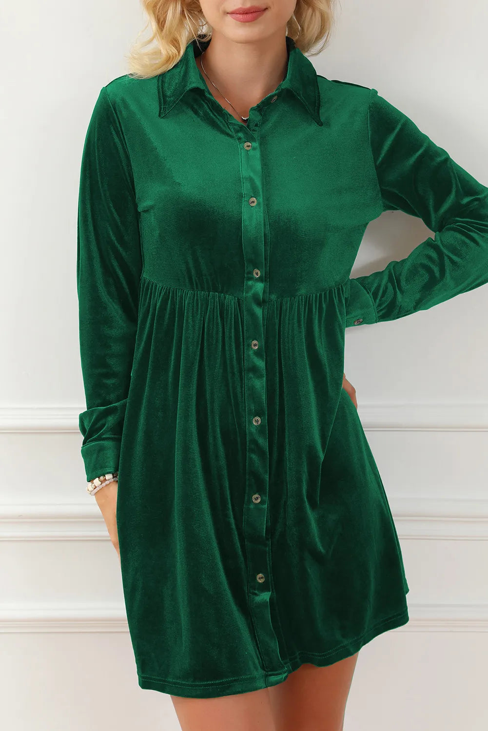 Ruched Button Up Collared Neck Long Sleeve Shirt Dress