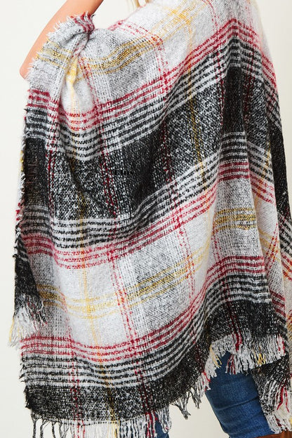 MULTI PLAID FRINGE PONCHO SHAWL