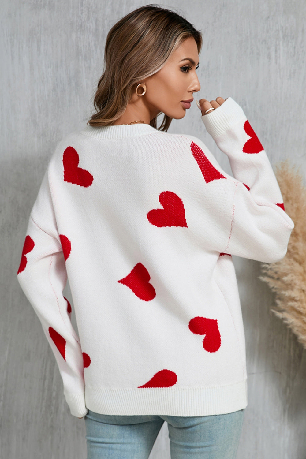 Heart Round Neck Dropped Shoulder Sweater