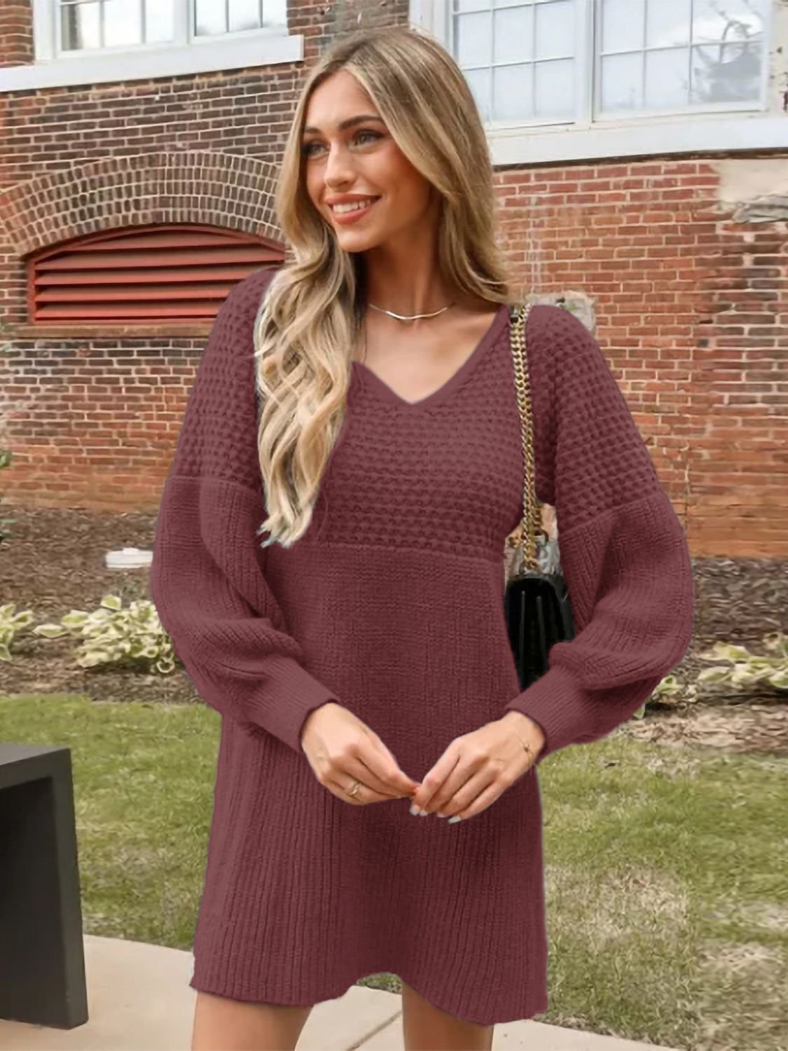 V-Neck Long Sleeve Sweater Dress