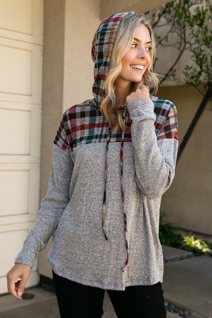 HACCI MELANGE PLAID AND SOLID MIXED HOODIE TOP